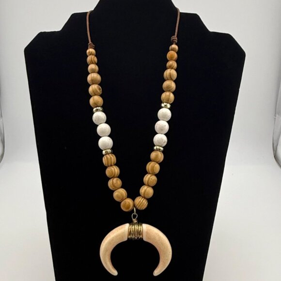 Canvas Crescent Faux Bone Horn Pendant Necklace with Wooden Beads 32" Adjustable - Picture 1 of 4